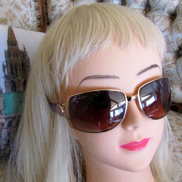 SUNGLASSES, ELEMENT 8, BROWN w GOLD METAL EDGES, UV 400 WOMEN, UNISEX w NOSEPADS - Picture 6 of 10